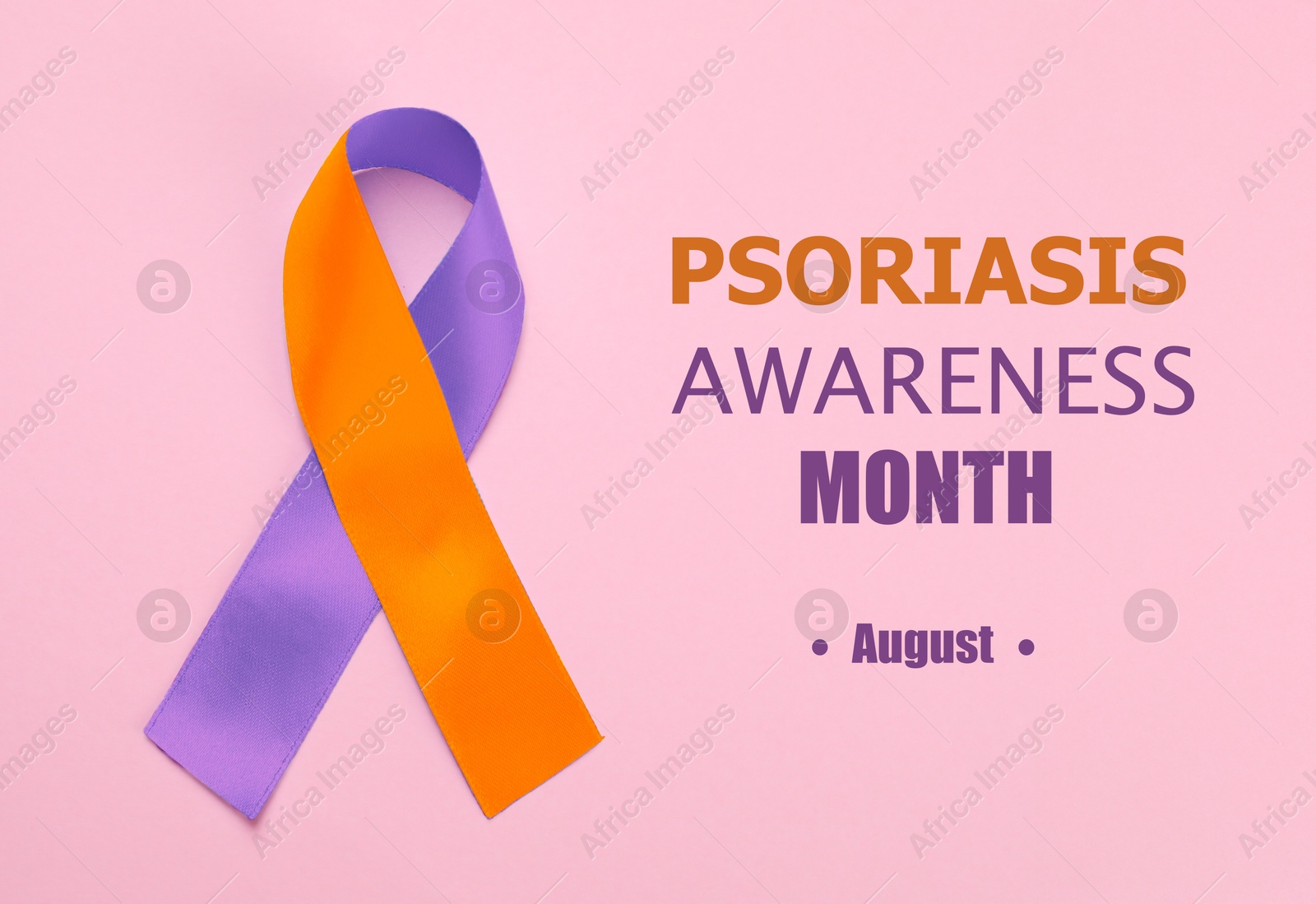 Image of Psoriasis Awareness Month (August). Orange-orchid awareness ribbon on pink background, top view