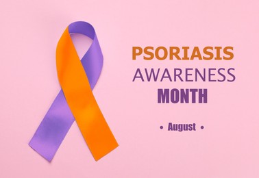 Image of Psoriasis Awareness Month (August). Orange-orchid awareness ribbon on pink background, top view