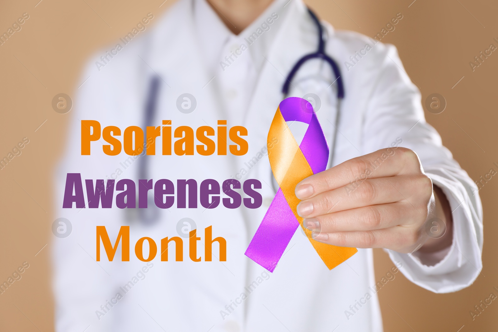 Image of Psoriasis Awareness Month. Doctor holding orange-orchid awareness ribbon on dark beige background, closeup