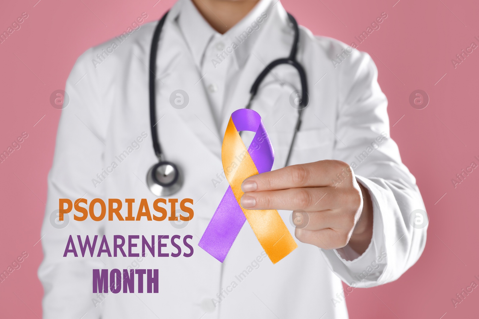 Image of Psoriasis Awareness Month. Doctor holding orange-orchid awareness ribbon on pink background, closeup