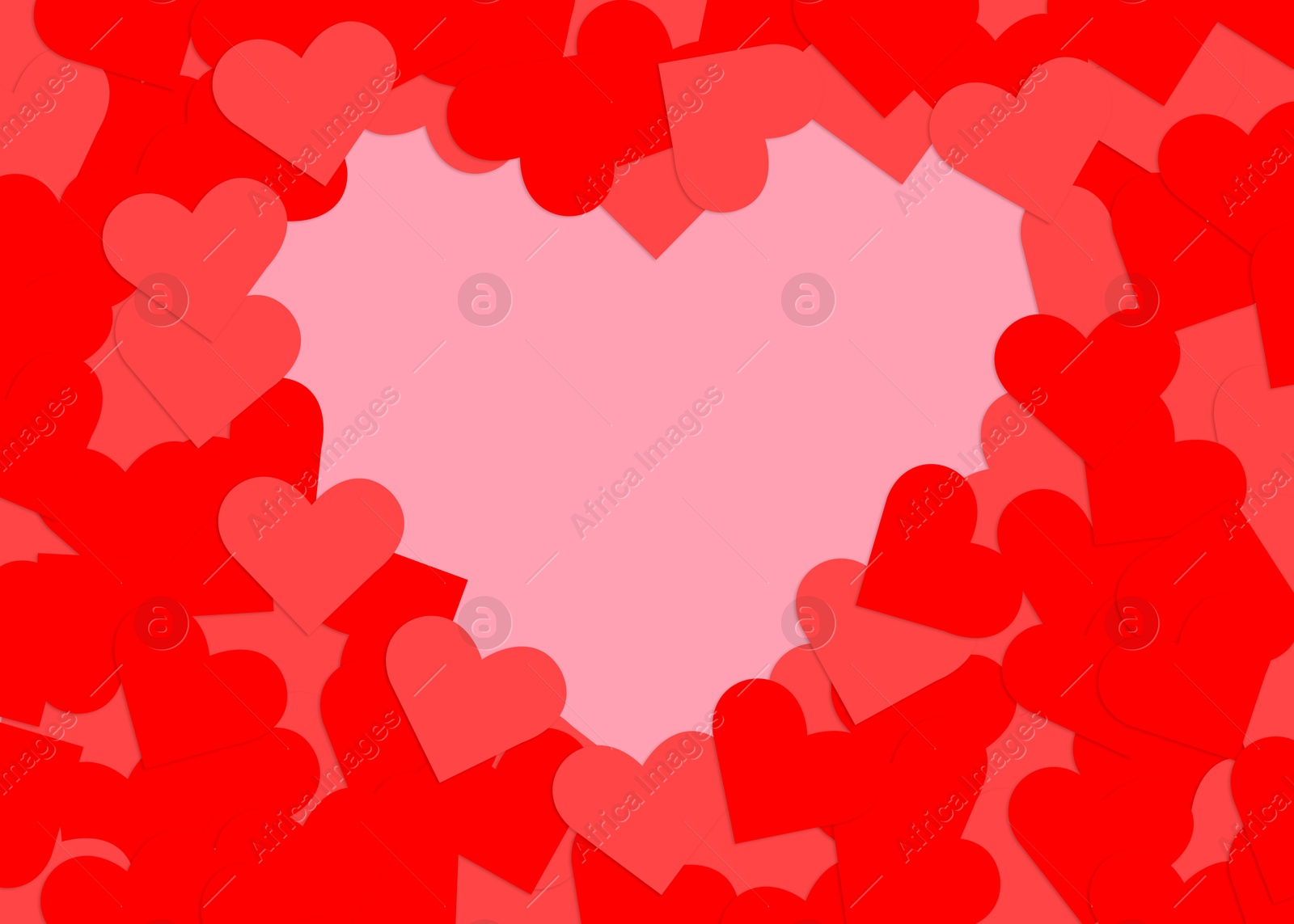 Image of Heart-shaped frame of red hearts on pink background, space for text