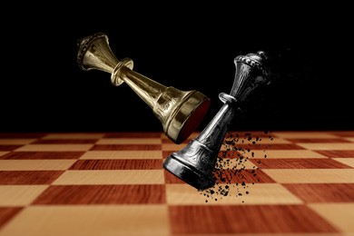 Image of Chess game. Golden queen beating silver queen in air over chessboard