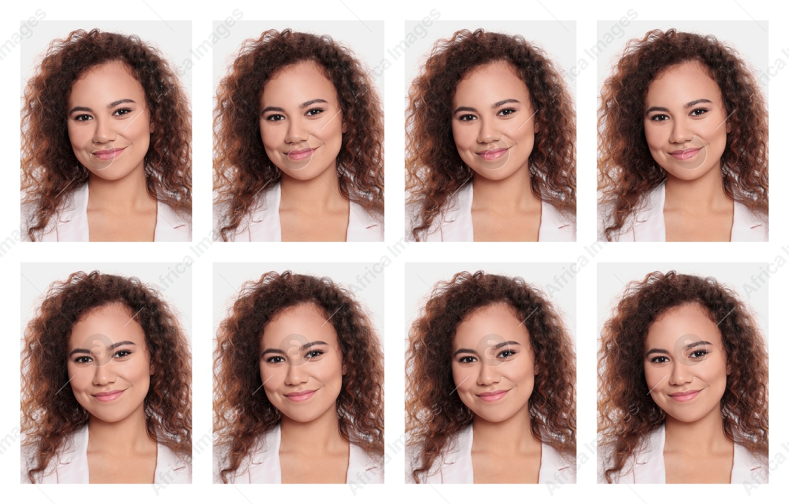 Image of Photo of woman for passport or other document on white background, set