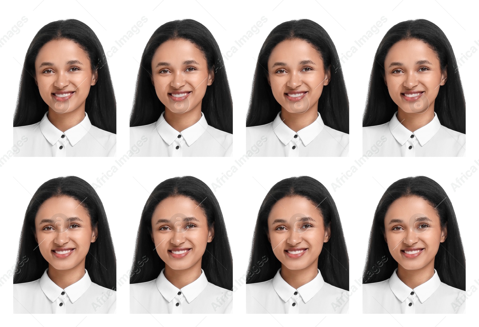 Image of Photo of woman for passport or other document on white background, set