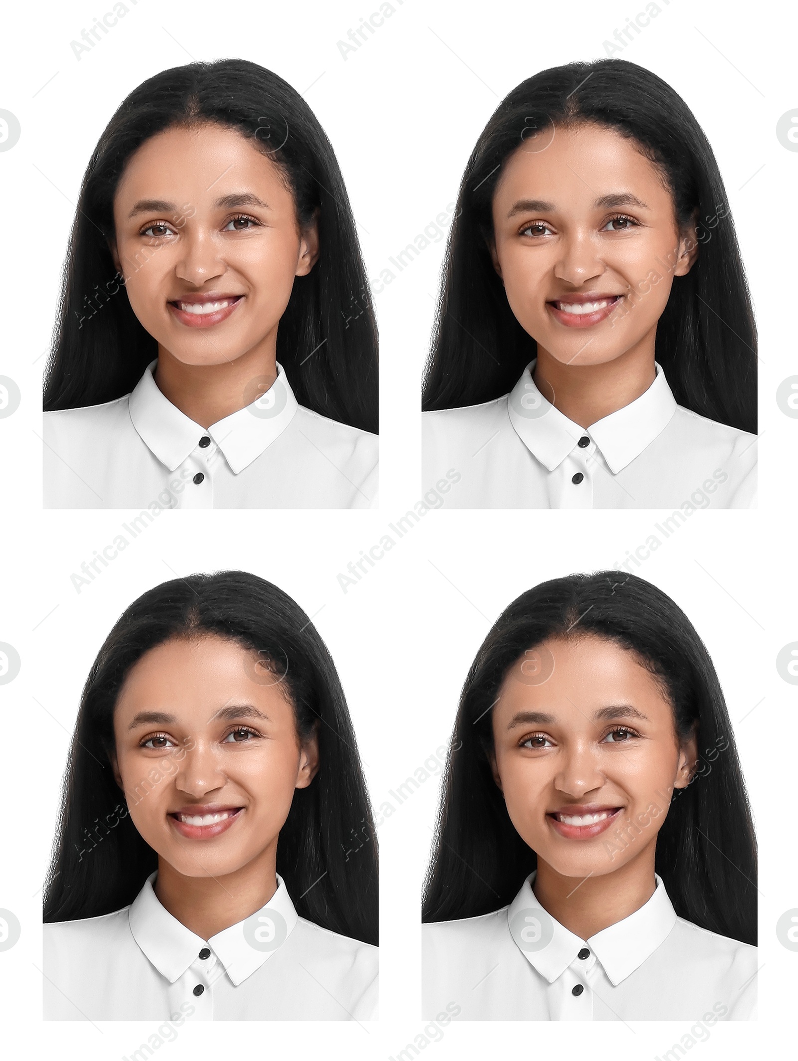 Image of Photo of woman for passport or other document on white background, set