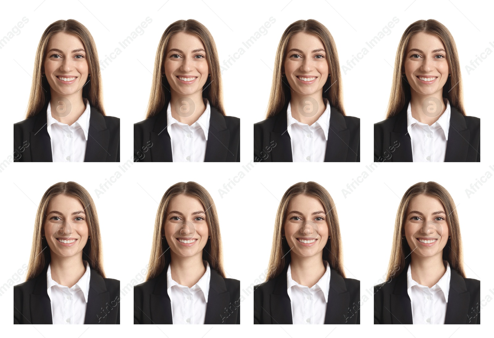 Image of Photo of woman for passport or other document on white background, set