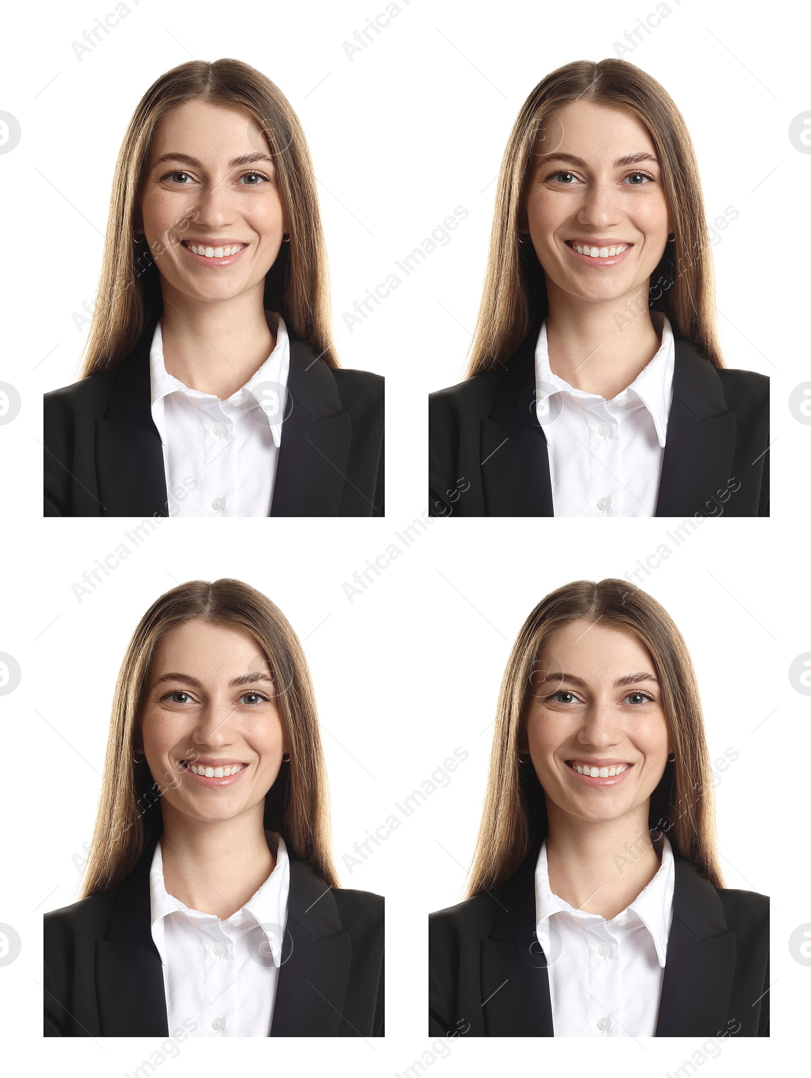 Image of Photo of woman for passport or other document on white background, set