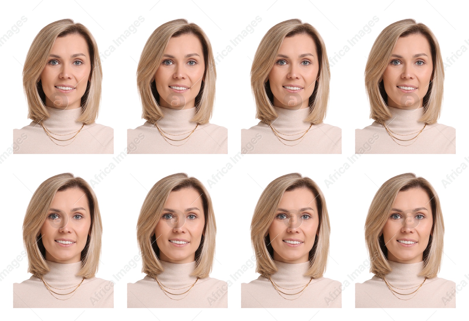 Image of Photo of woman for passport or other document on white background, set