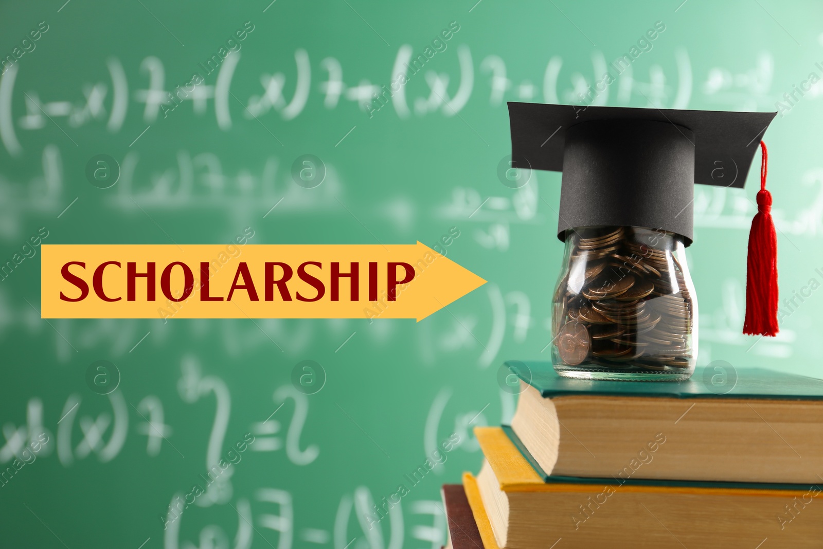 Image of Scholarship. Glass jar with coins, graduate hat and books against green chalkboard