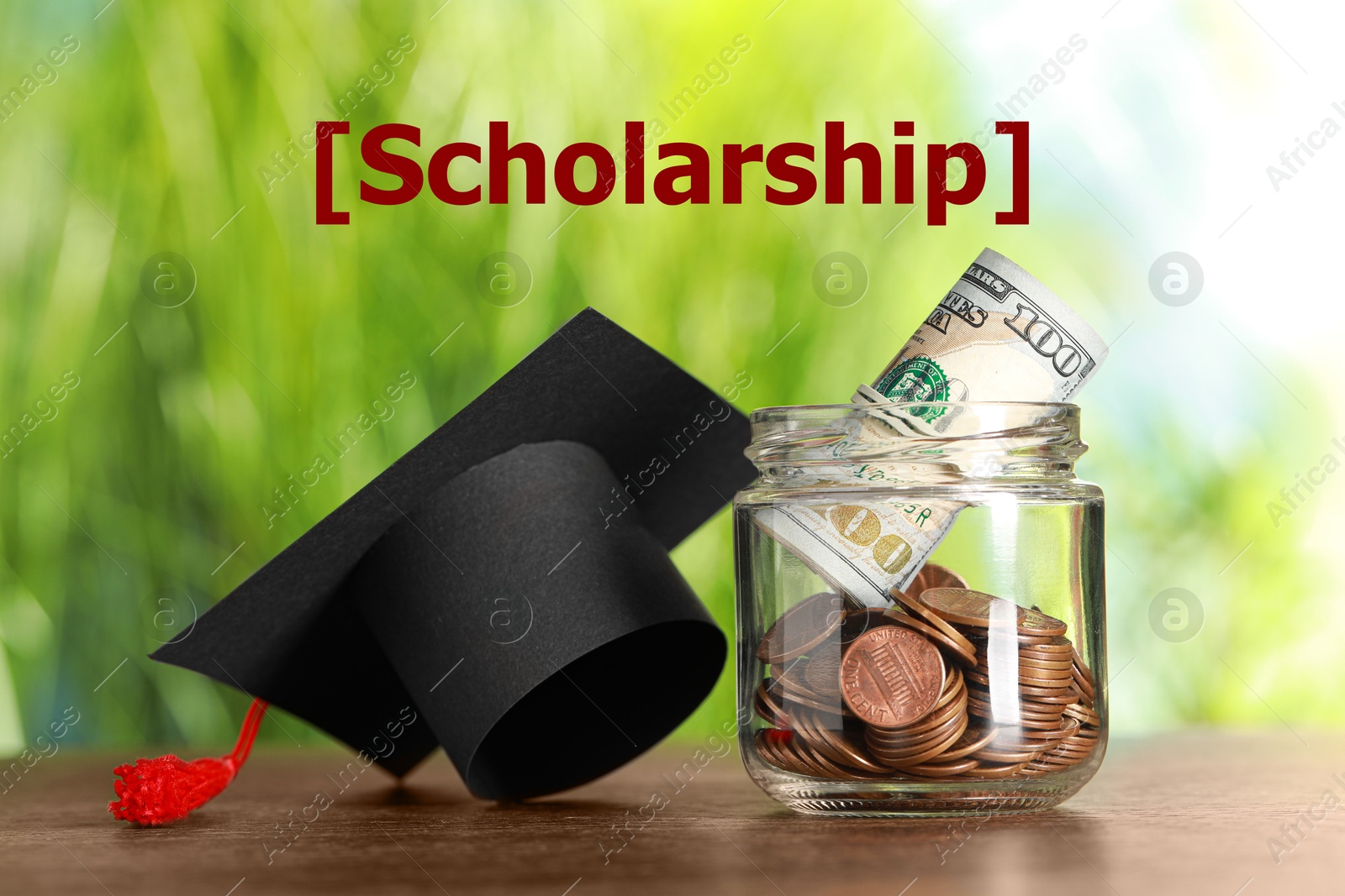 Image of Scholarship. Glass jar with coins, dollar banknotes and graduate hat on wooden table