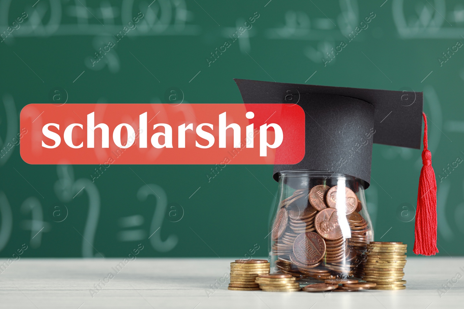 Image of Scholarship. Glass jar with coins and graduate hat on white wooden table against green chalkboard