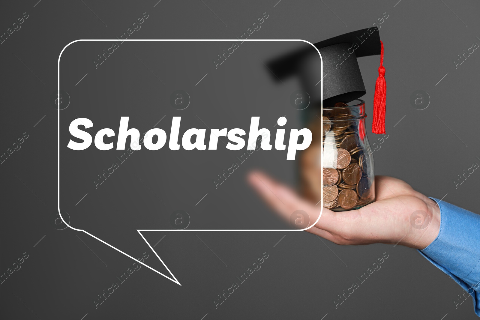 Image of Scholarship. Man holding glass jar of coins with graduate hat against dark grey background, closeup. Speech bubble with word