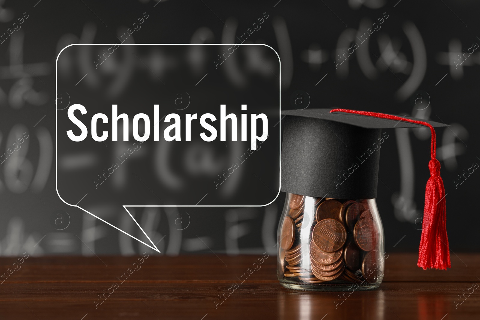 Image of Scholarship. Graduate hat and jar with coins on wooden table against chalkboard. Speech bubble with word