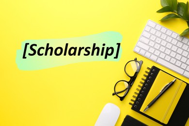 Image of Scholarship. Flat lay composition with office stationery on yellow background