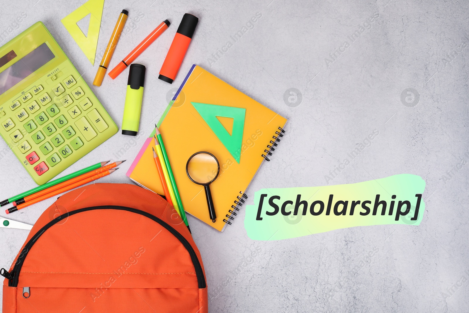 Image of Scholarship. Flat lay composition with backpack and different school stationery on light grey table