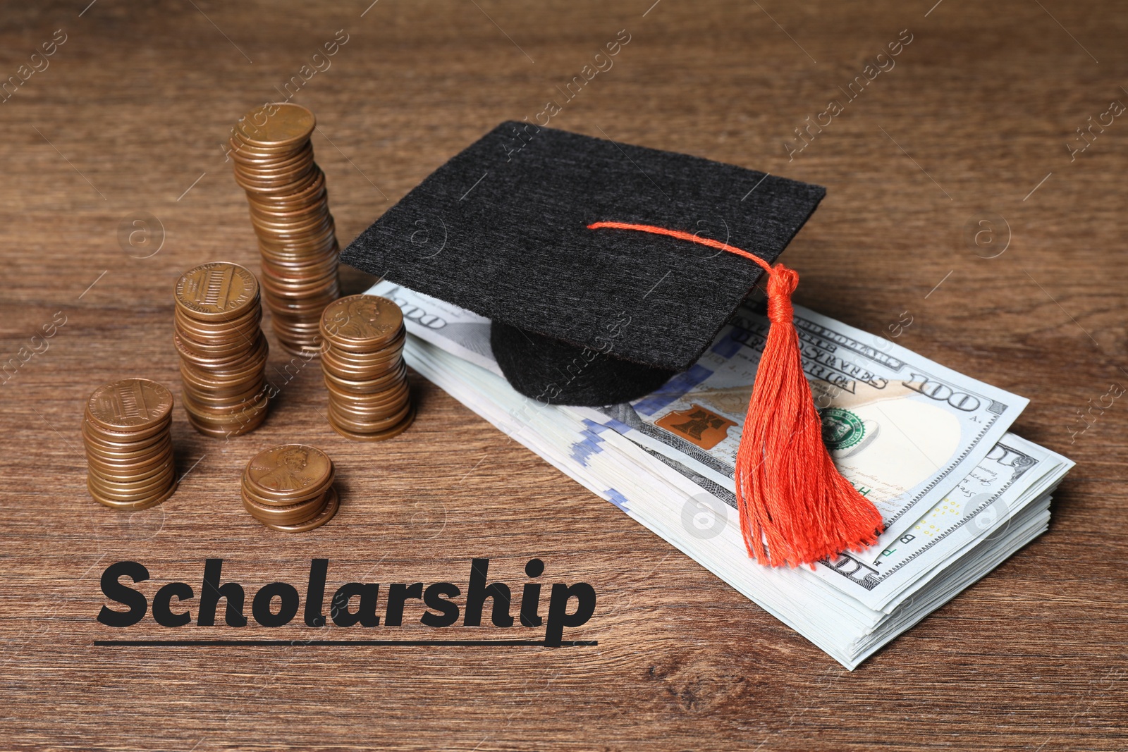 Image of Scholarship. Graduate hat, dollar banknotes and coins on wooden table