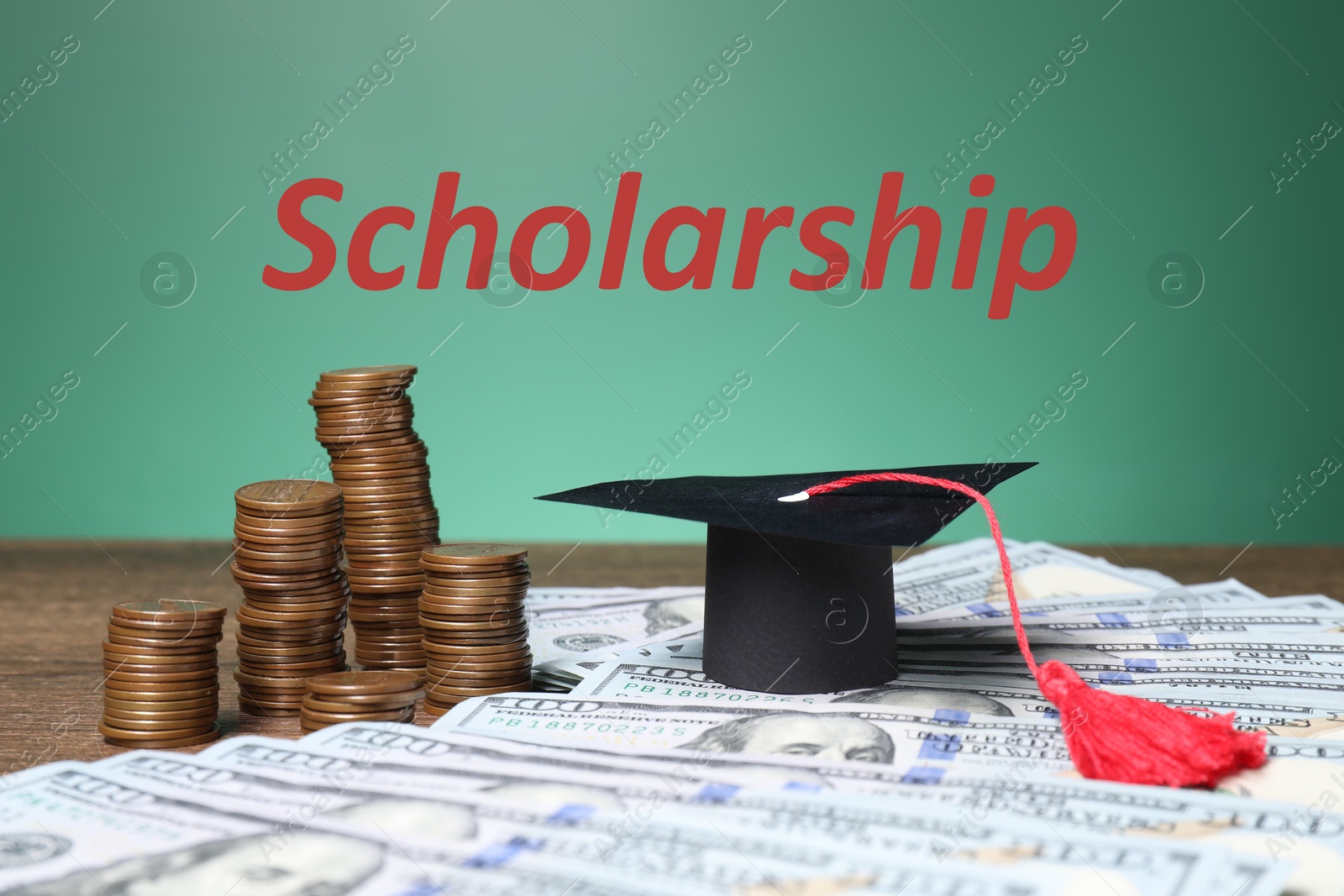 Image of Scholarship. Graduate hat, dollar banknotes and coins on wooden table