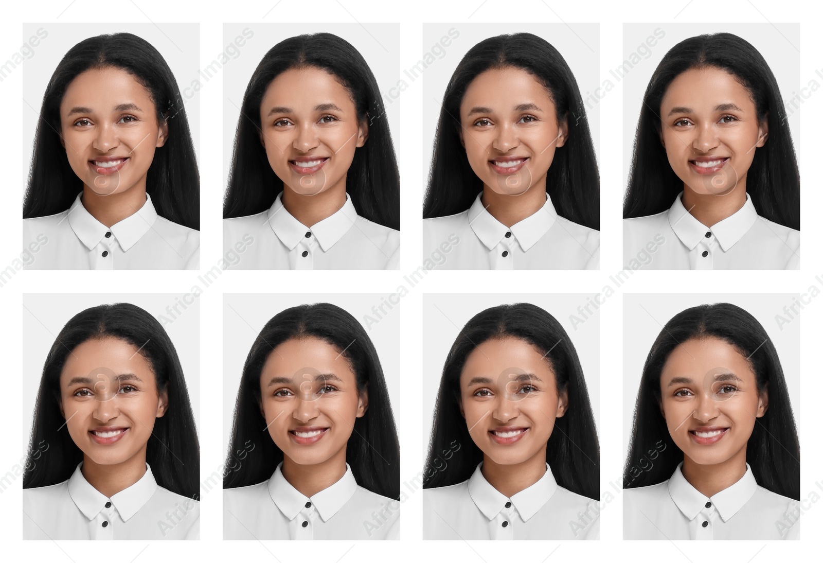 Image of Photo of woman for passport or other document on white background, set