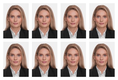 Image of Photo of woman for passport or other document on white background, set