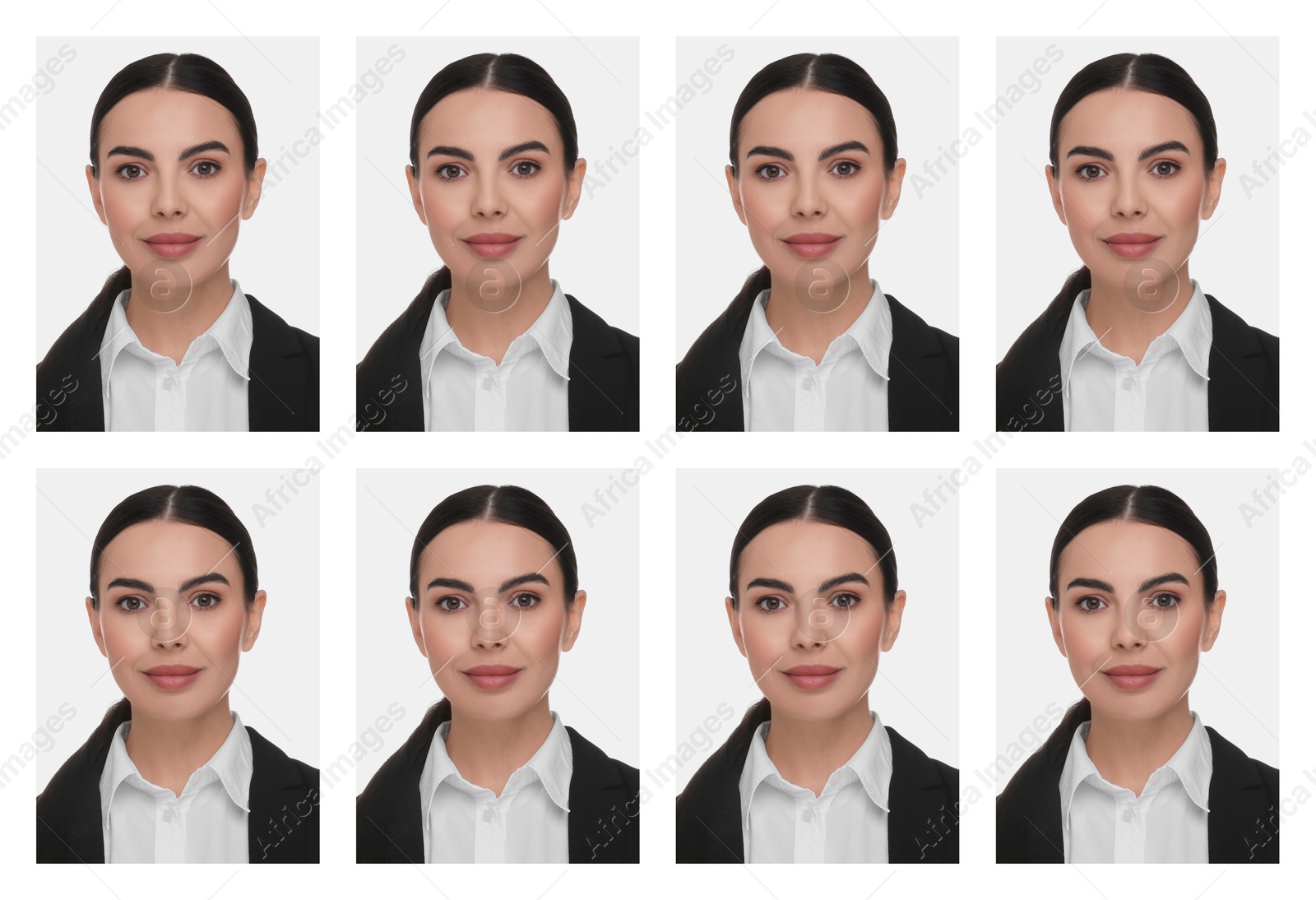 Image of Photo of woman for passport or other document on white background, set