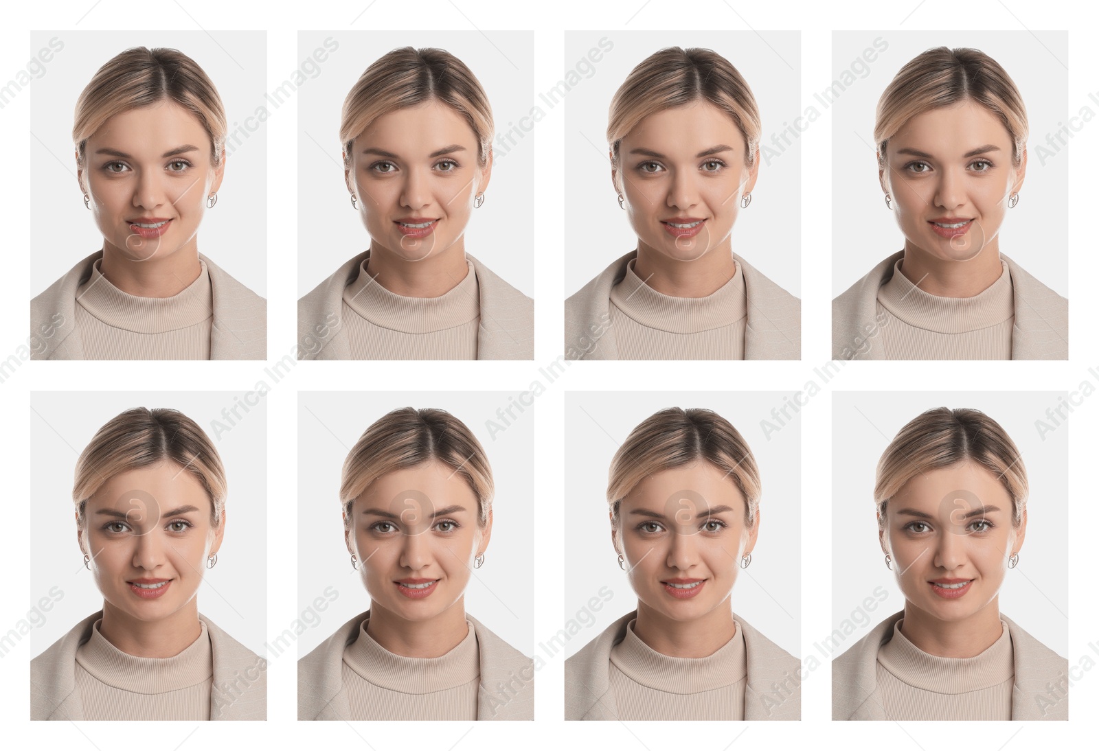 Image of Photo of woman for passport or other document on white background, set