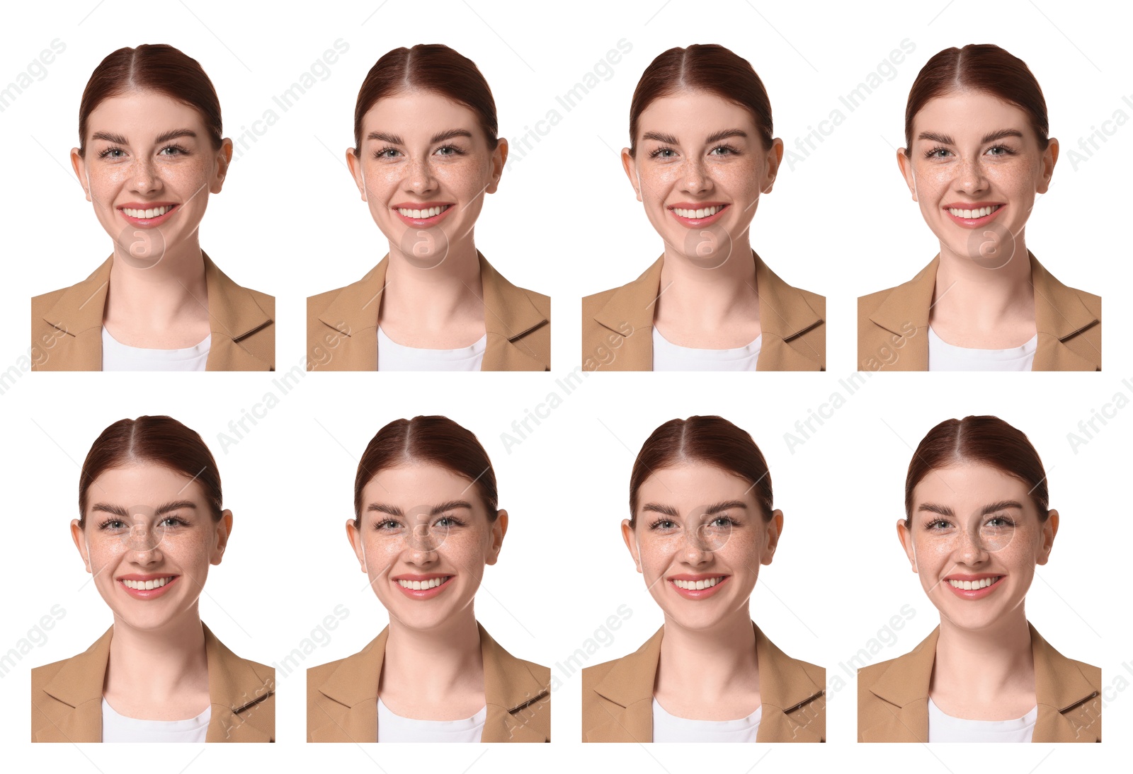 Image of Photo of woman for passport or other document on white background, set