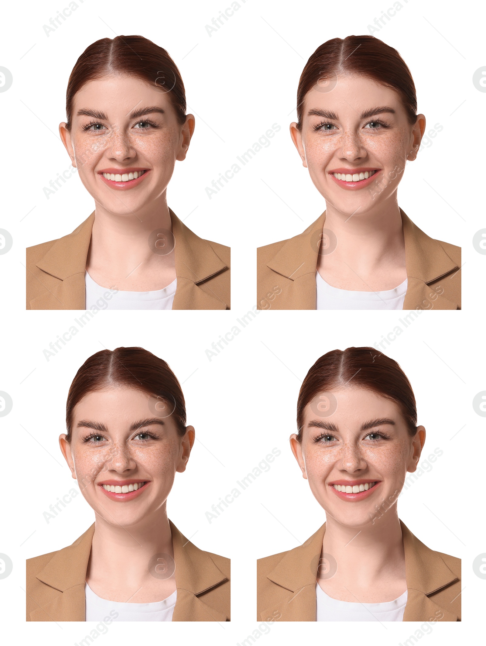 Image of Photo of woman for passport or other document on white background, set