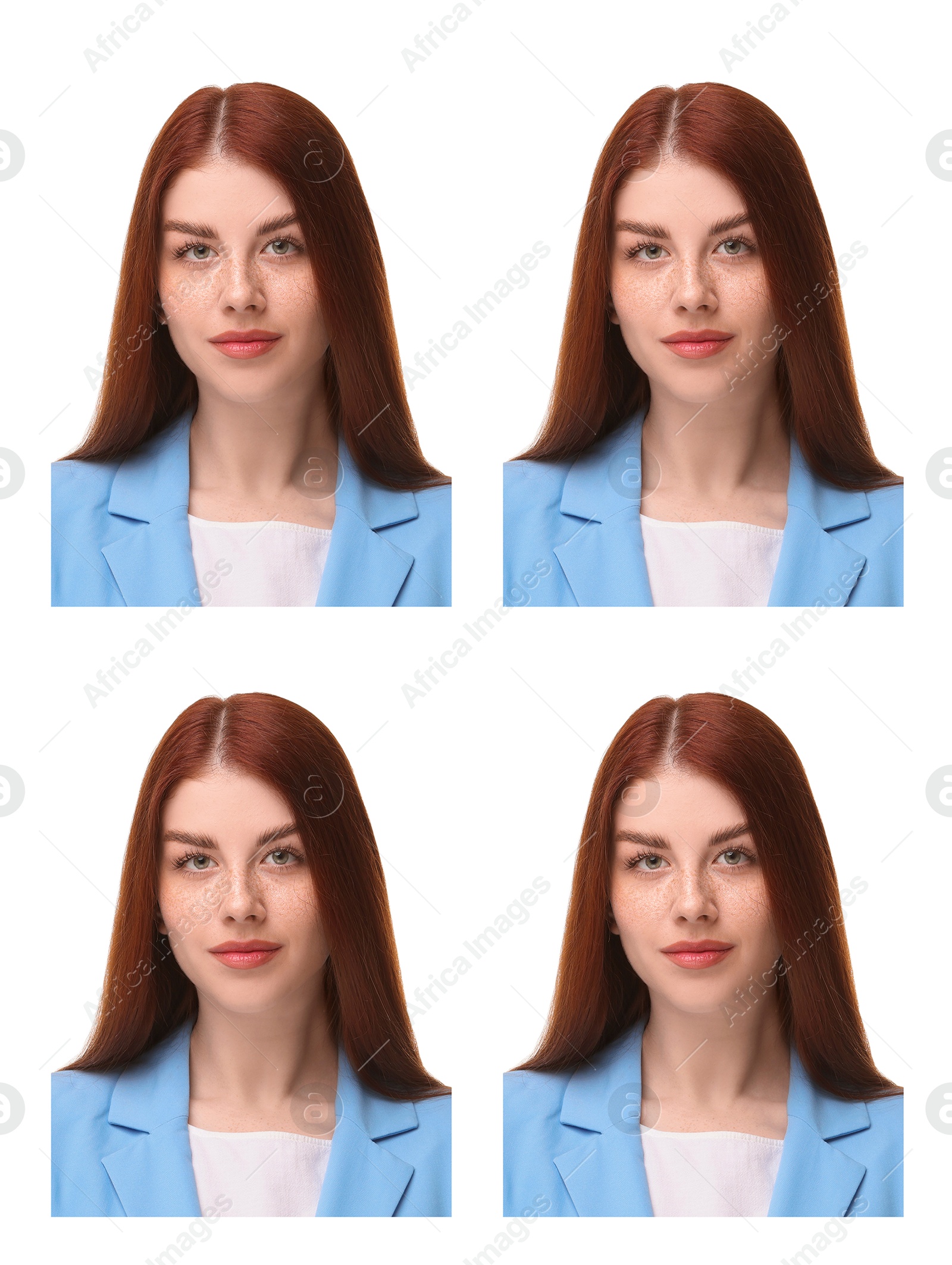 Image of Photo of woman for passport or other document on white background, set