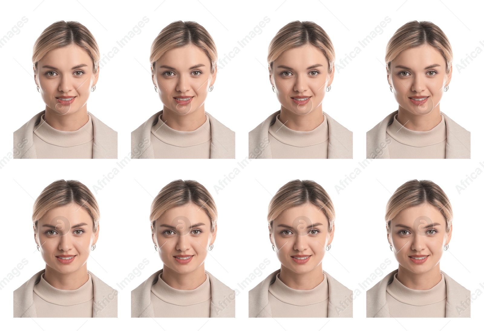 Image of Photo of woman for passport or other document on white background, set