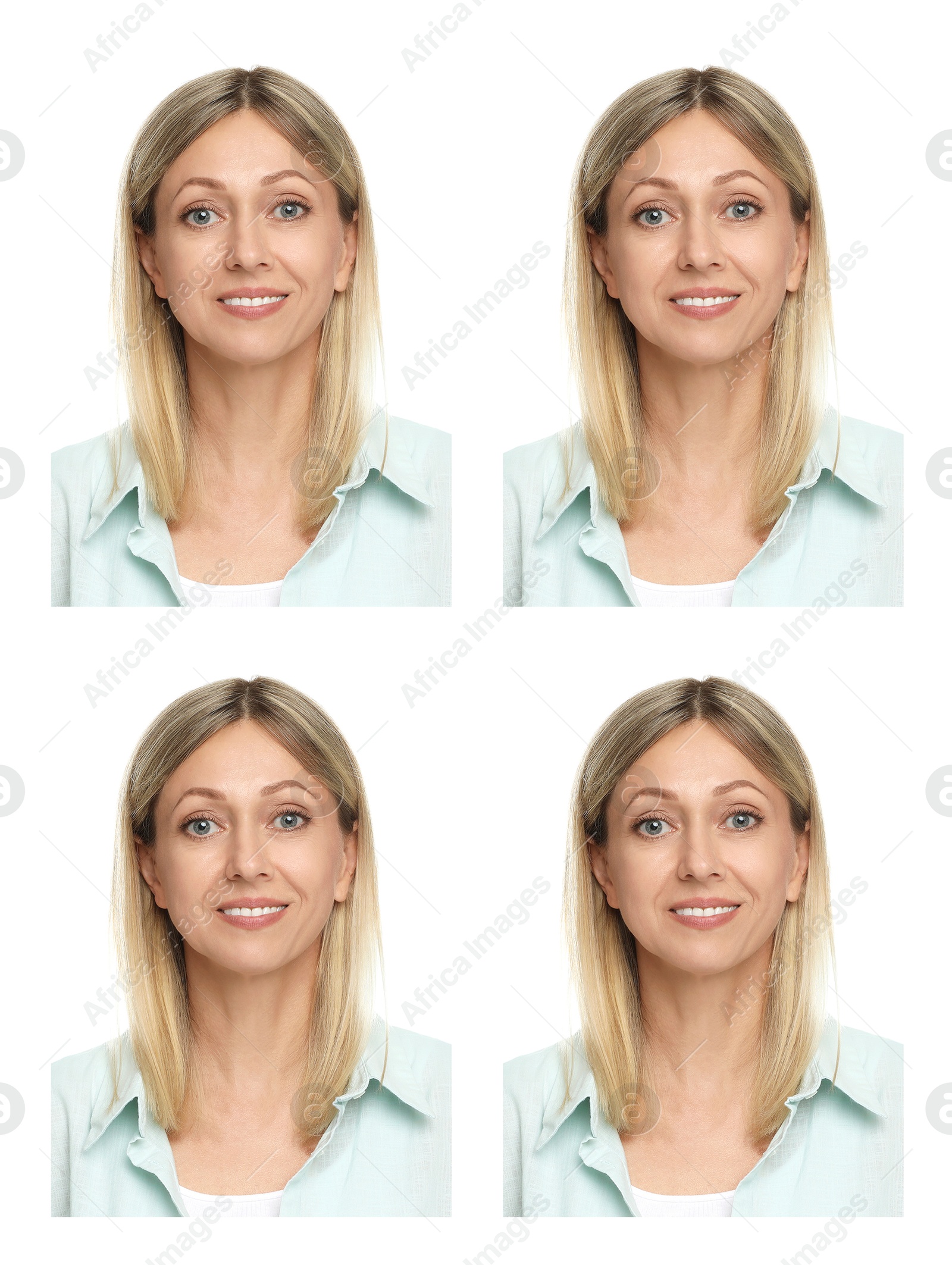 Image of Photo of woman for passport or other document on white background, set