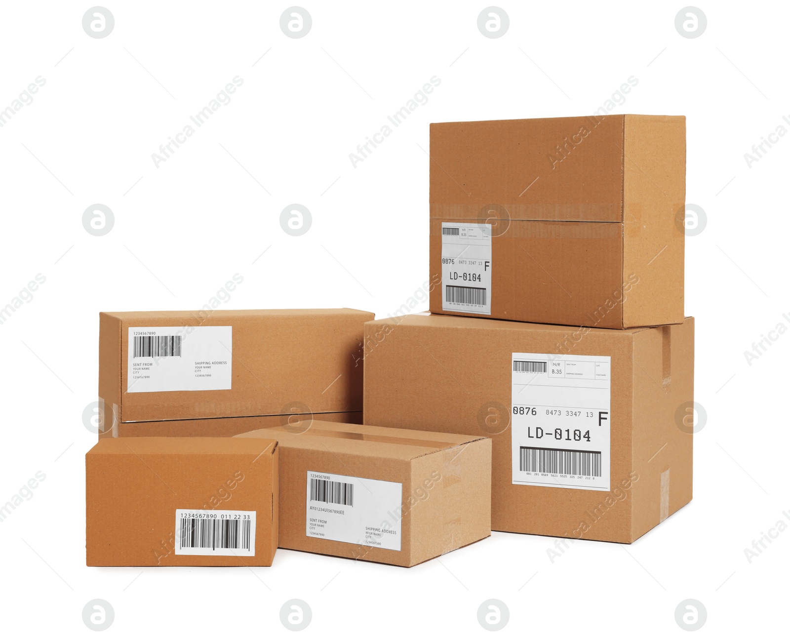 Photo of Many parcels with shipment labels isolated on white