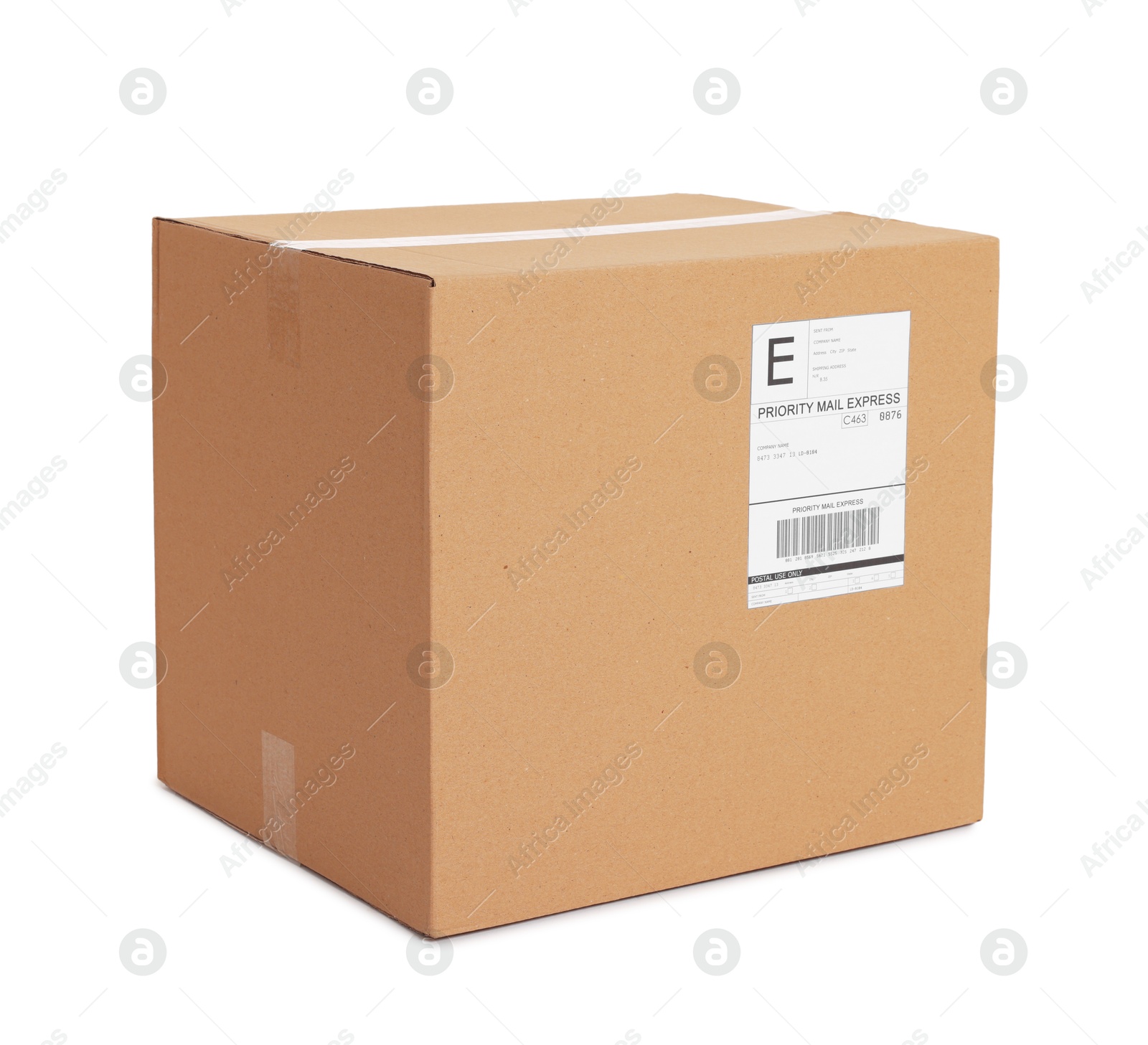 Photo of One parcel with shipment label isolated on white