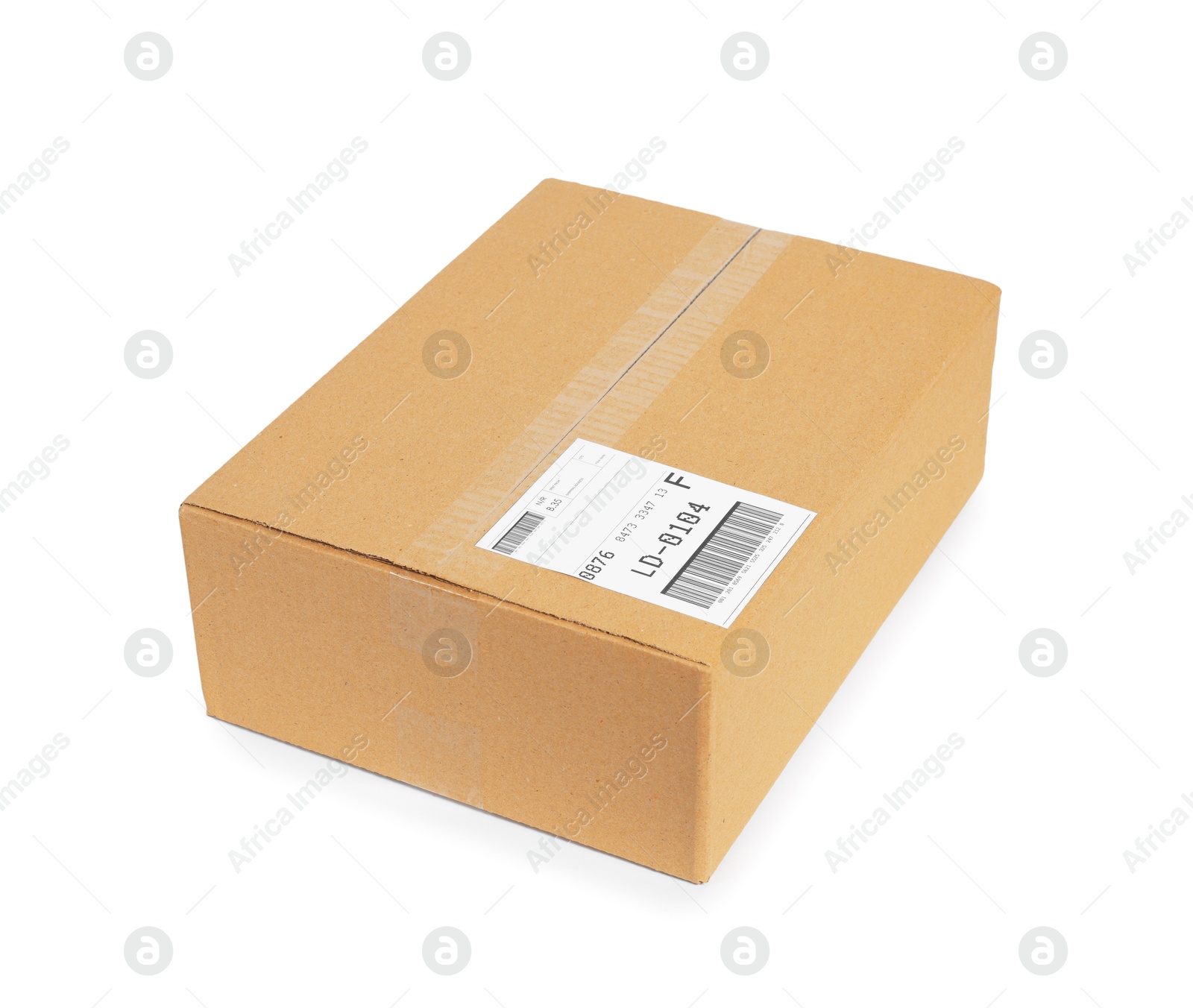 Photo of One parcel with shipment label isolated on white