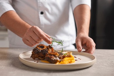 Photo of Professional chef serving dish at table indoors, closeup