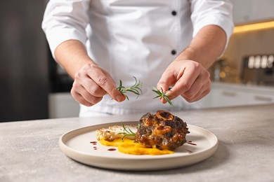 Photo of Professional chef serving dish at table indoors, closeup