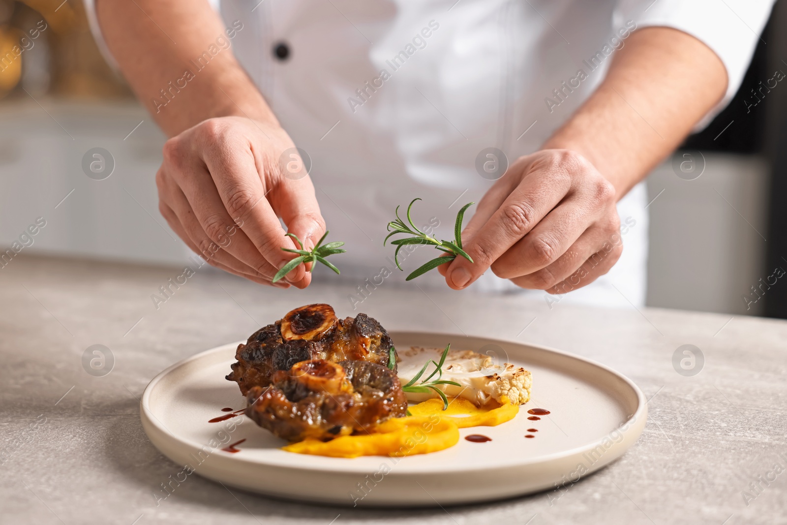 Photo of Professional chef serving dish at table indoors, closeup