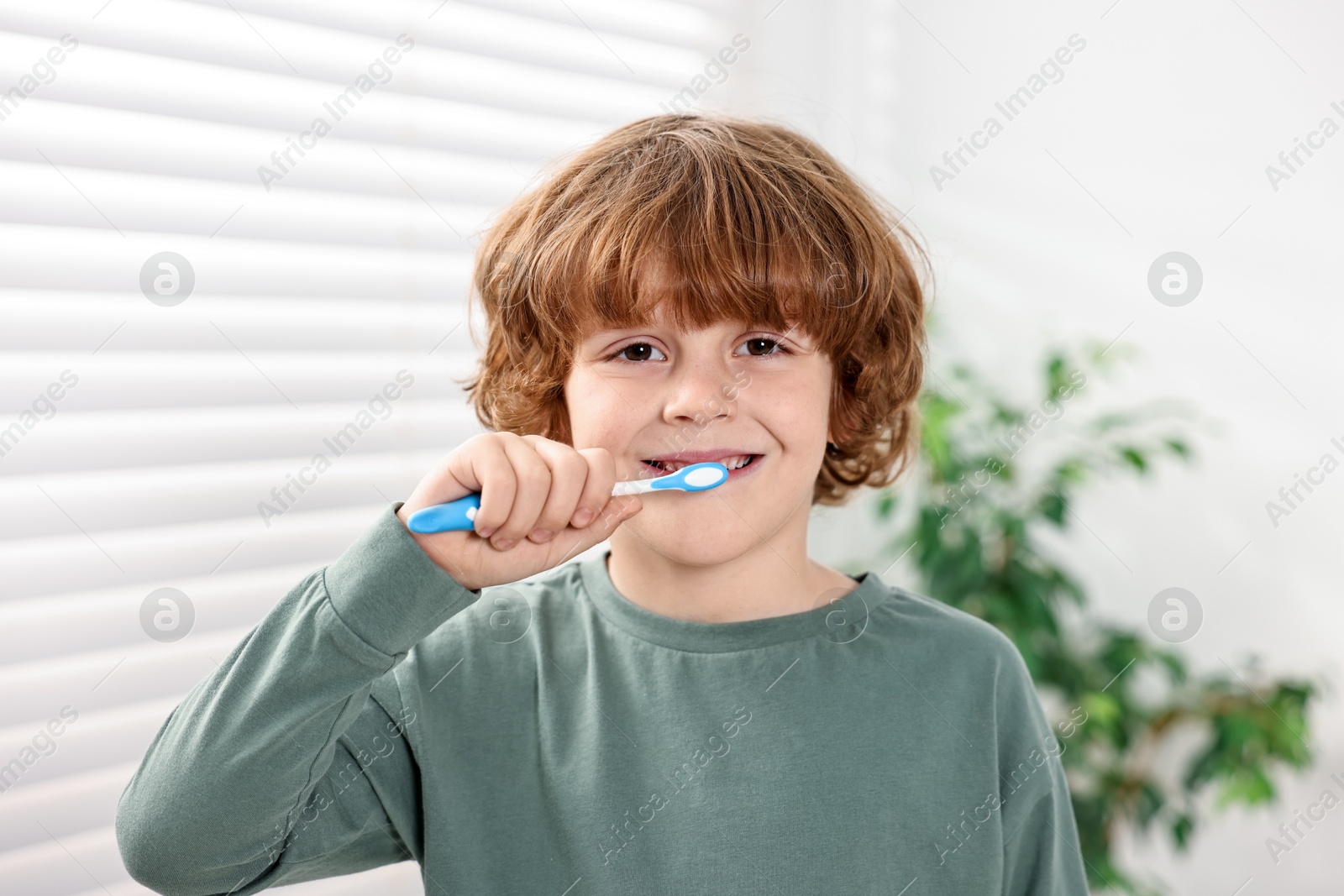 Photo of Cute boy brushing his teeth at home