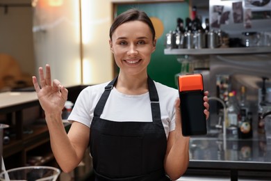 Photo of Smiling cafe worker with payment terminal showing OK gesture indoors