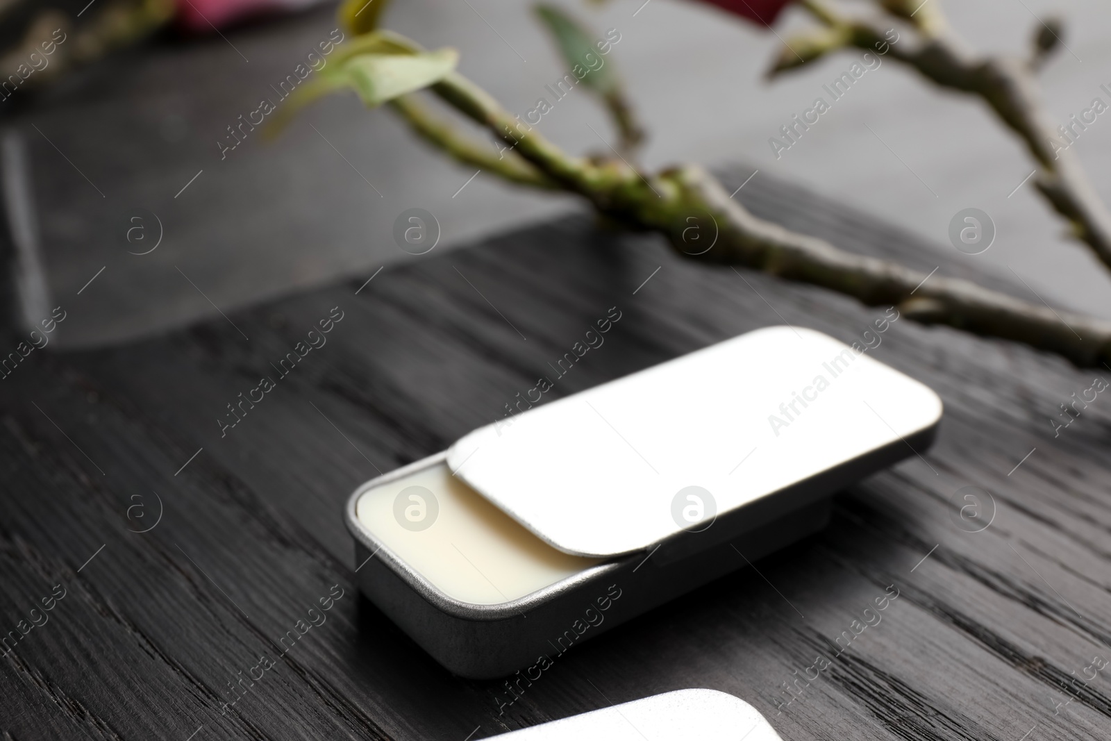 Photo of Natural solid perfume and branch on black wooden table, closeup