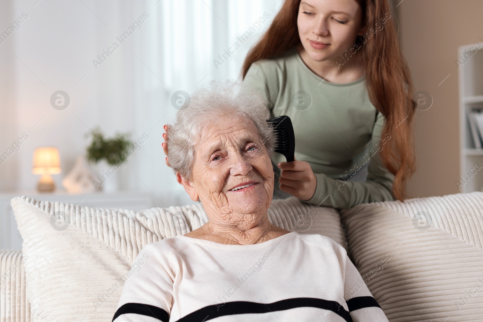 Photo of Granddaughter brushing her grandmother with comb at home