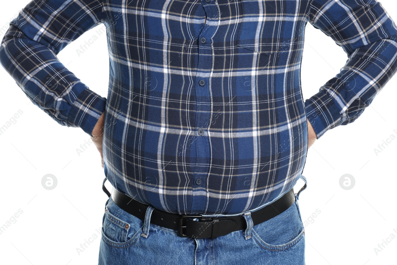 Photo of Overweight man in tight shirt on white background, closeup