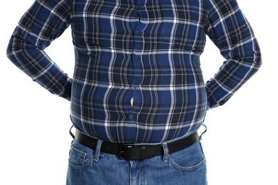 Photo of Overweight man in tight shirt on white background, closeup