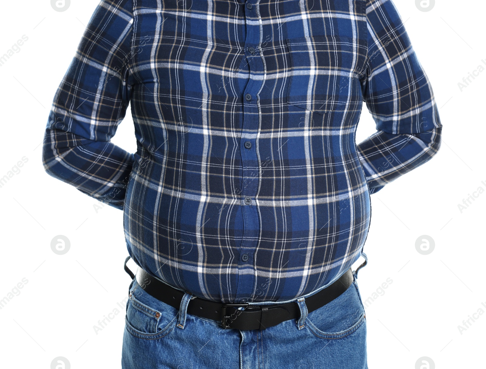 Photo of Overweight man in tight shirt on white background, closeup