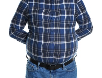 Photo of Overweight man in tight shirt on white background, closeup