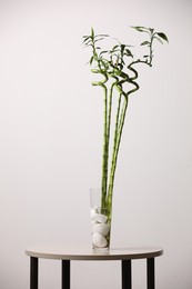 Photo of Decorative green bamboo stems in vase on table against white background