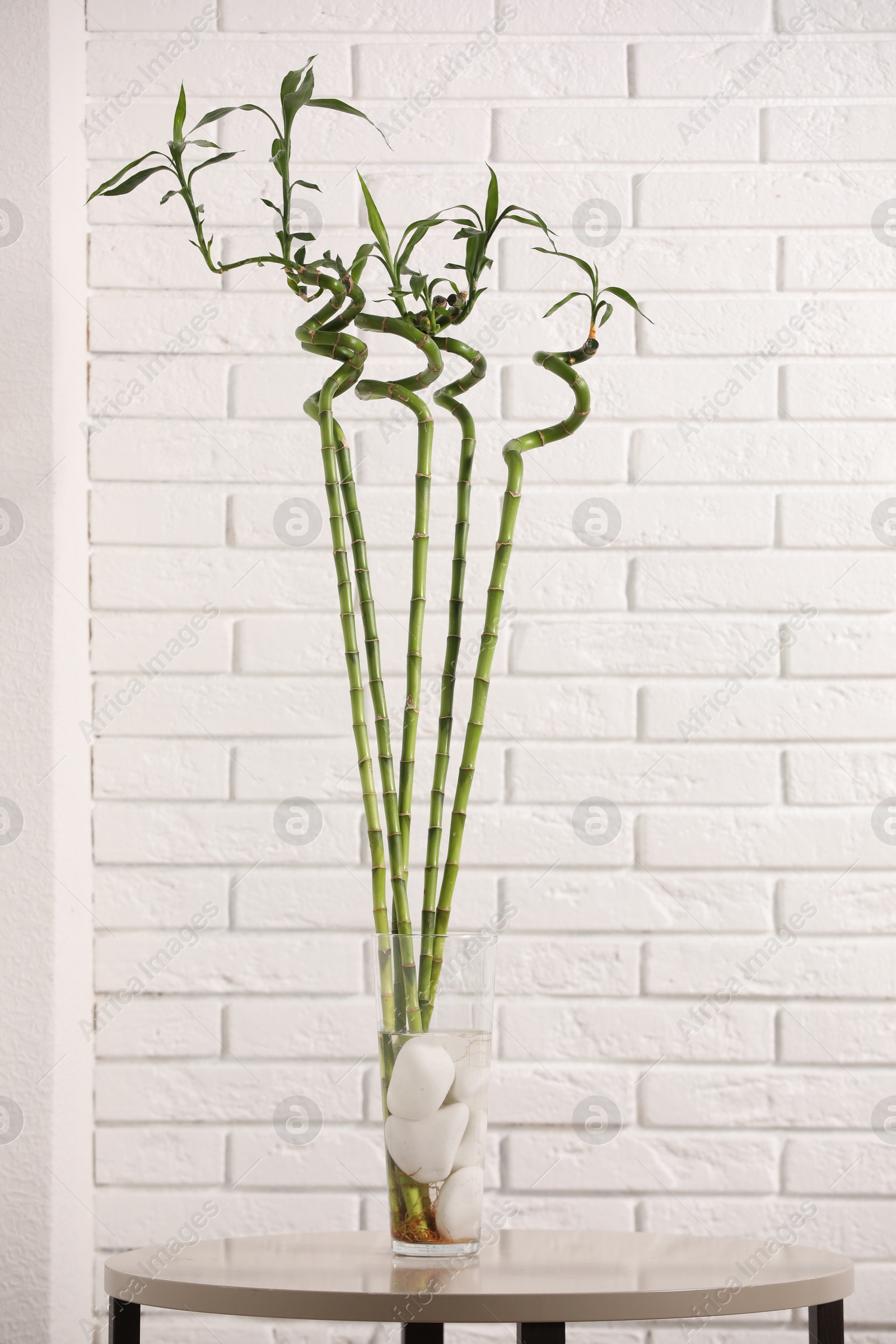 Photo of Decorative green bamboo stems in vase on table near white brick wall