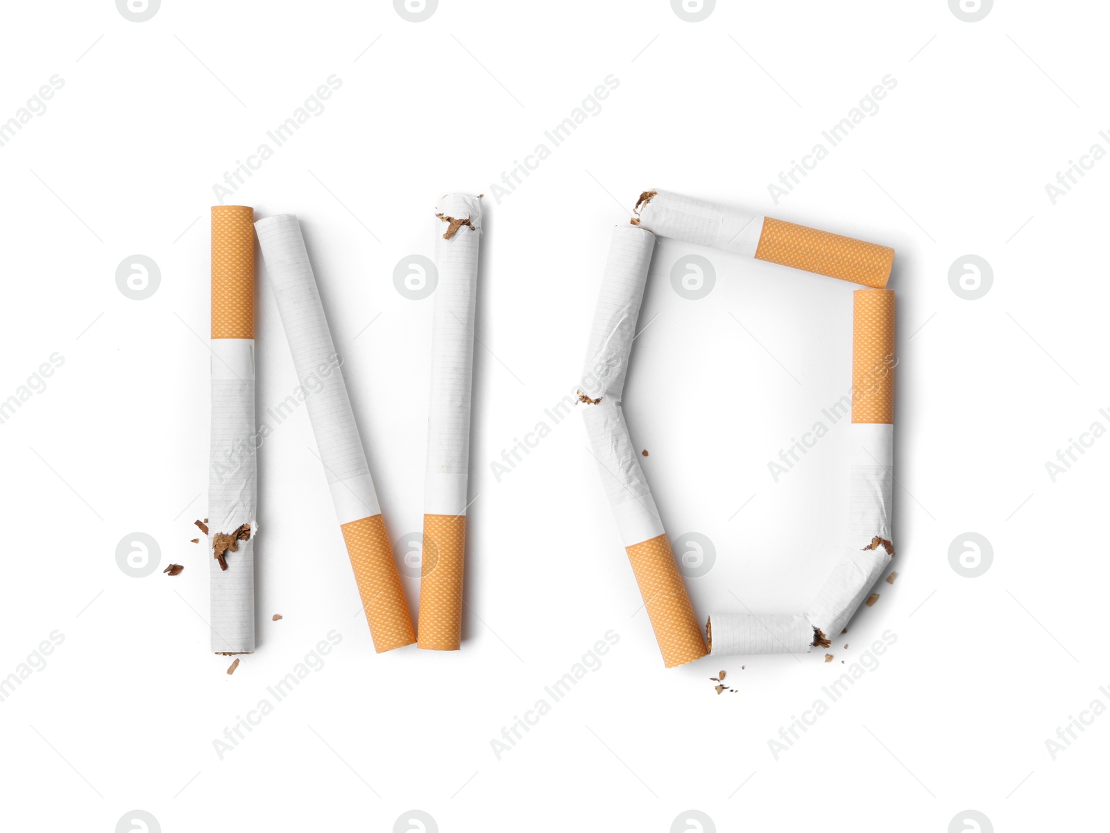 Photo of Word NO made with cigarette butts isolated on white, top view