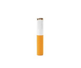 Photo of One cigarette butt isolated on white. Smoking habit