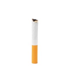 Photo of One cigarette butt isolated on white. Smoking habit