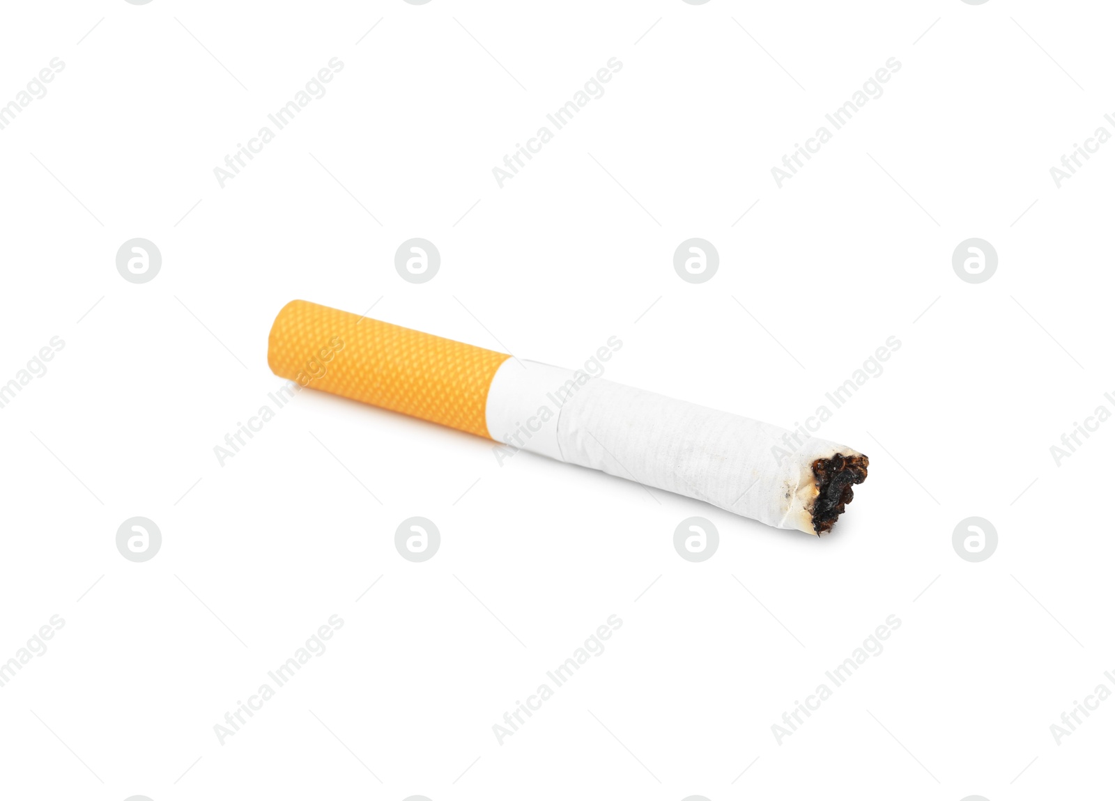 Photo of One cigarette butt isolated on white. Smoking habit